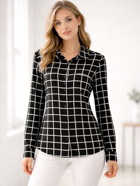 Calvin Klein Black/White Windowpane Print Blouse – Size M